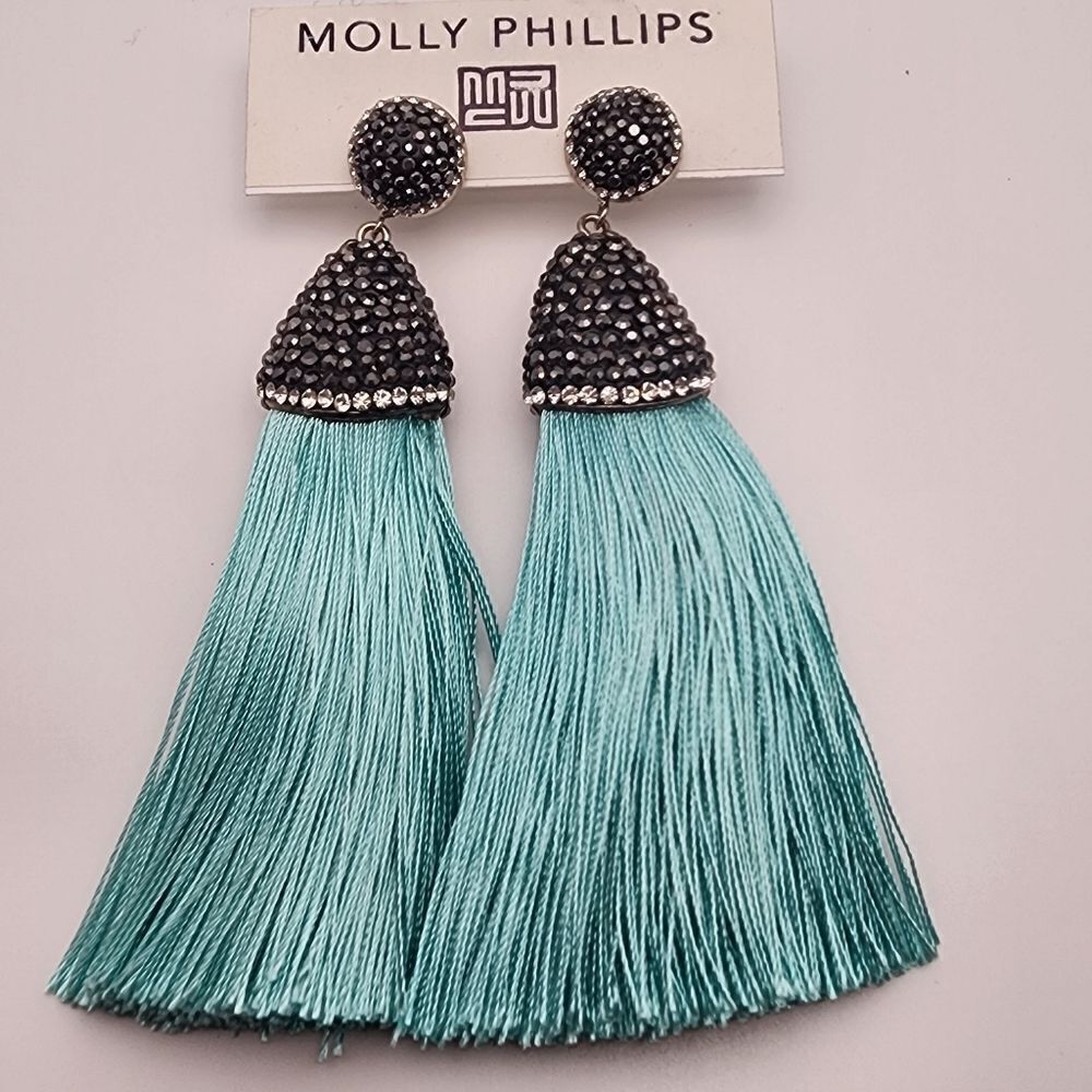 NWT Molly Phillips Black & Clear Rhinestone & Blue Tassel Earrings